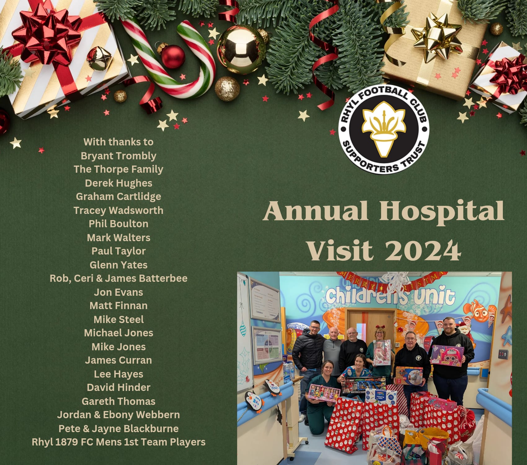 Spreading Christmas Cheer: Rhyl FC Supporters Trust Planned visit Glan Clwyd Hospital